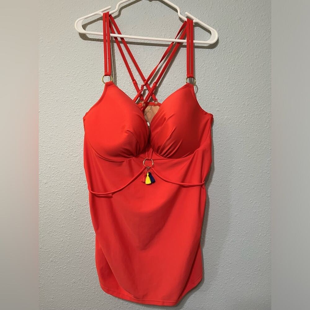 Cacique Swim NWT Coral Orange Plunge Tankini w/ Tassel & Gold Ring Underwire 46D